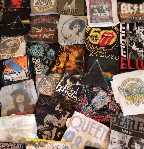 Vintage rock band tees — Pink Floyd, Rolling Stones, Queen, AC/DC